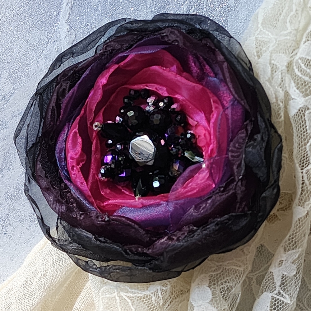Boho Rose Brooch Clip Apple Blossom Purple Camelia Flower Concept Made in USA - Picture 10 of 12